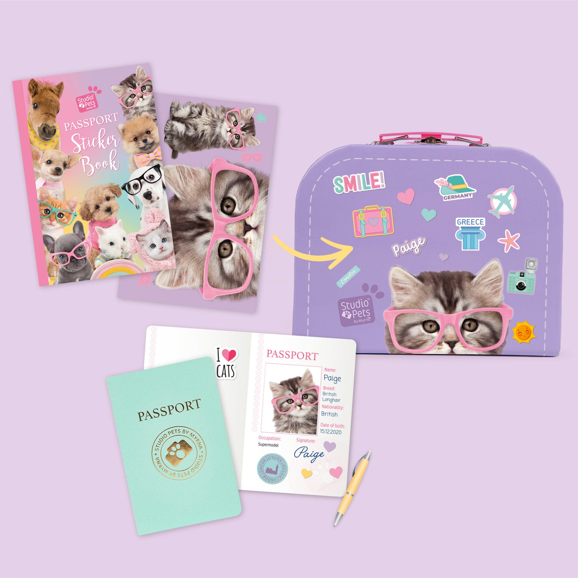 Pluche Knuffelkat Britse Korthaar 16cm - Set met koffertje