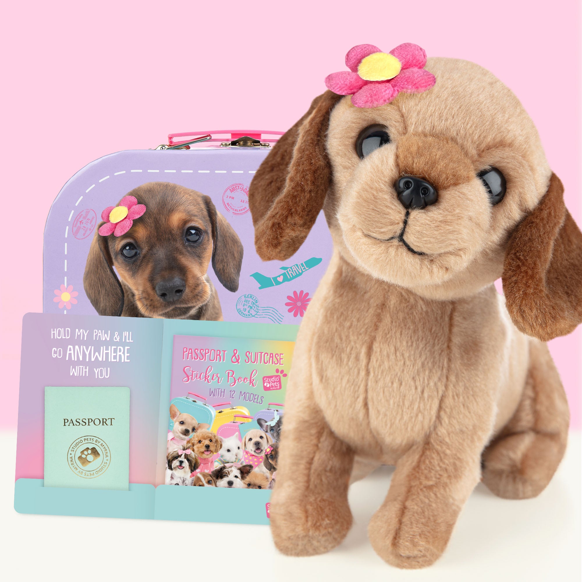 Pluche knuffelhond Teckel 16cm - Set met koffertje