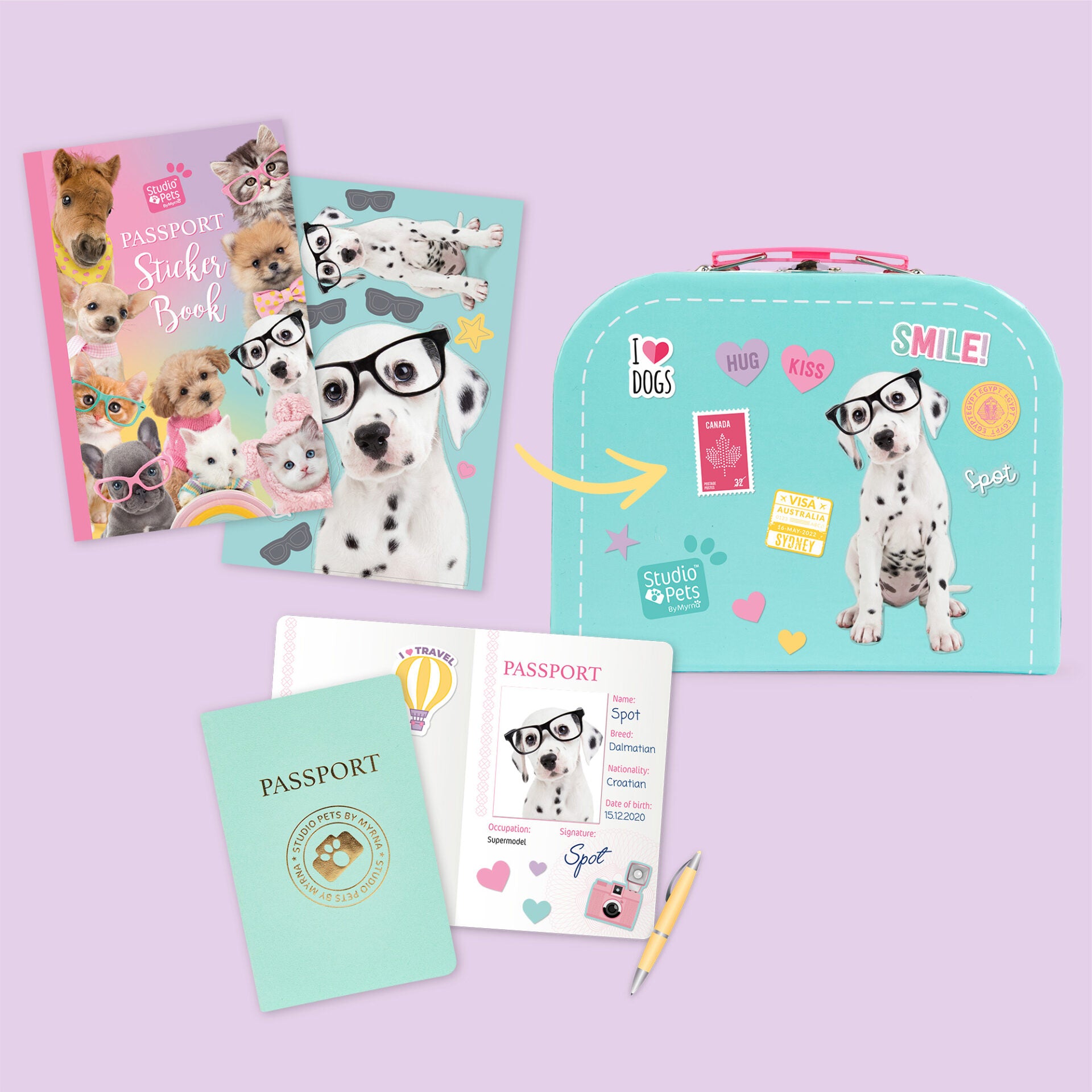 Pluche knuffelhond Witte Dalmatiër 16cm - Set met koffertje