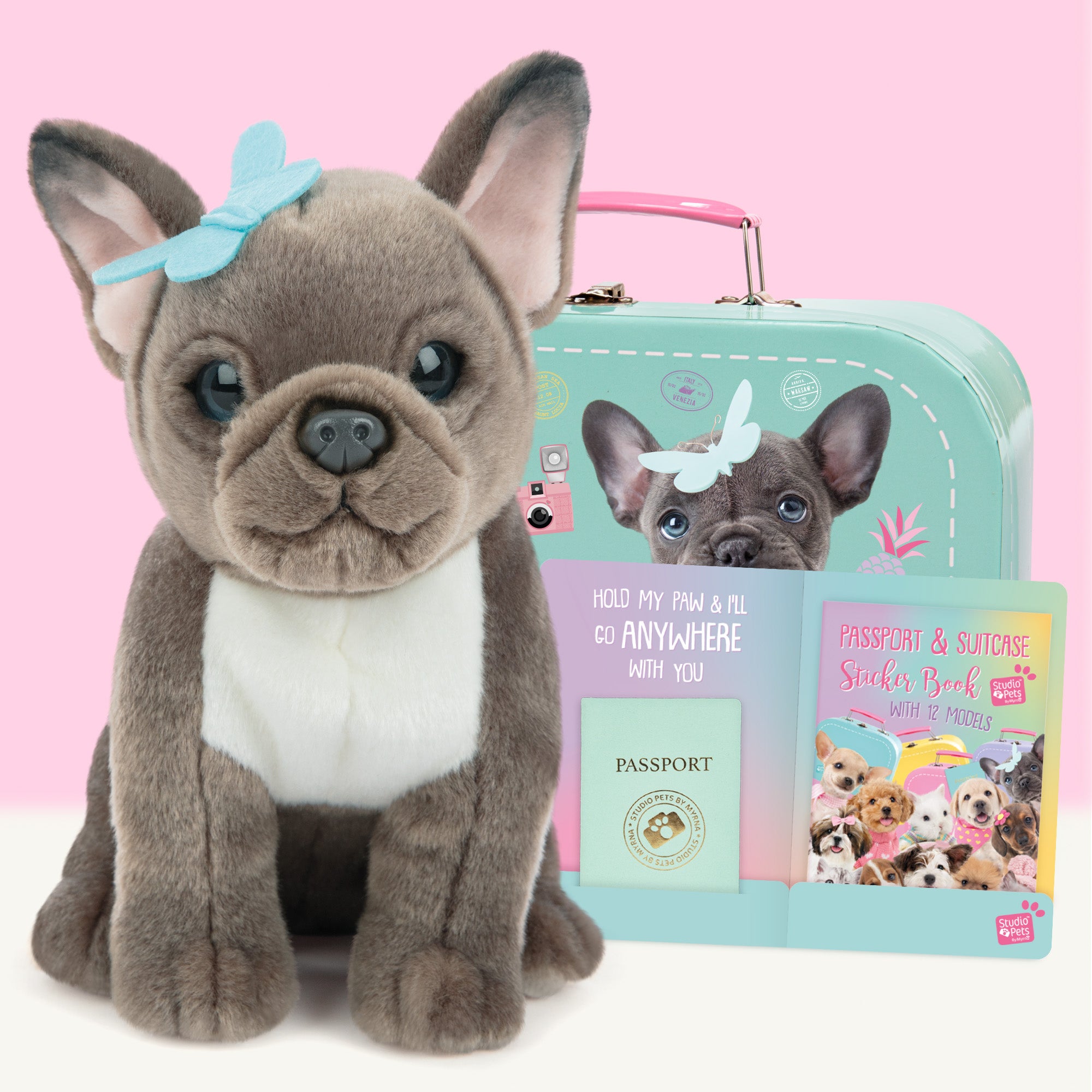 Pluche knuffelhond Franse Bulldog 23cm  - Set met koffertje