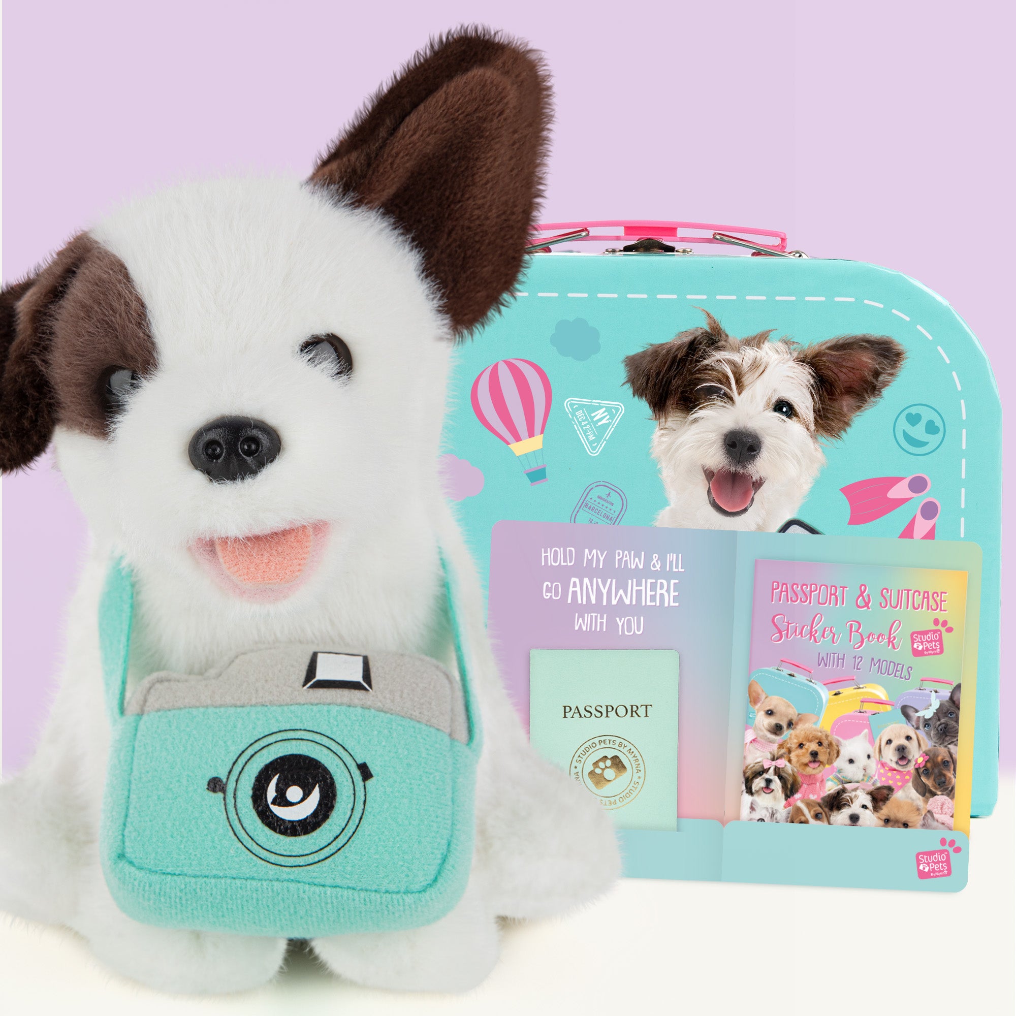 Pluche knuffelhond Kruising Mix 16cm - Set met koffertje