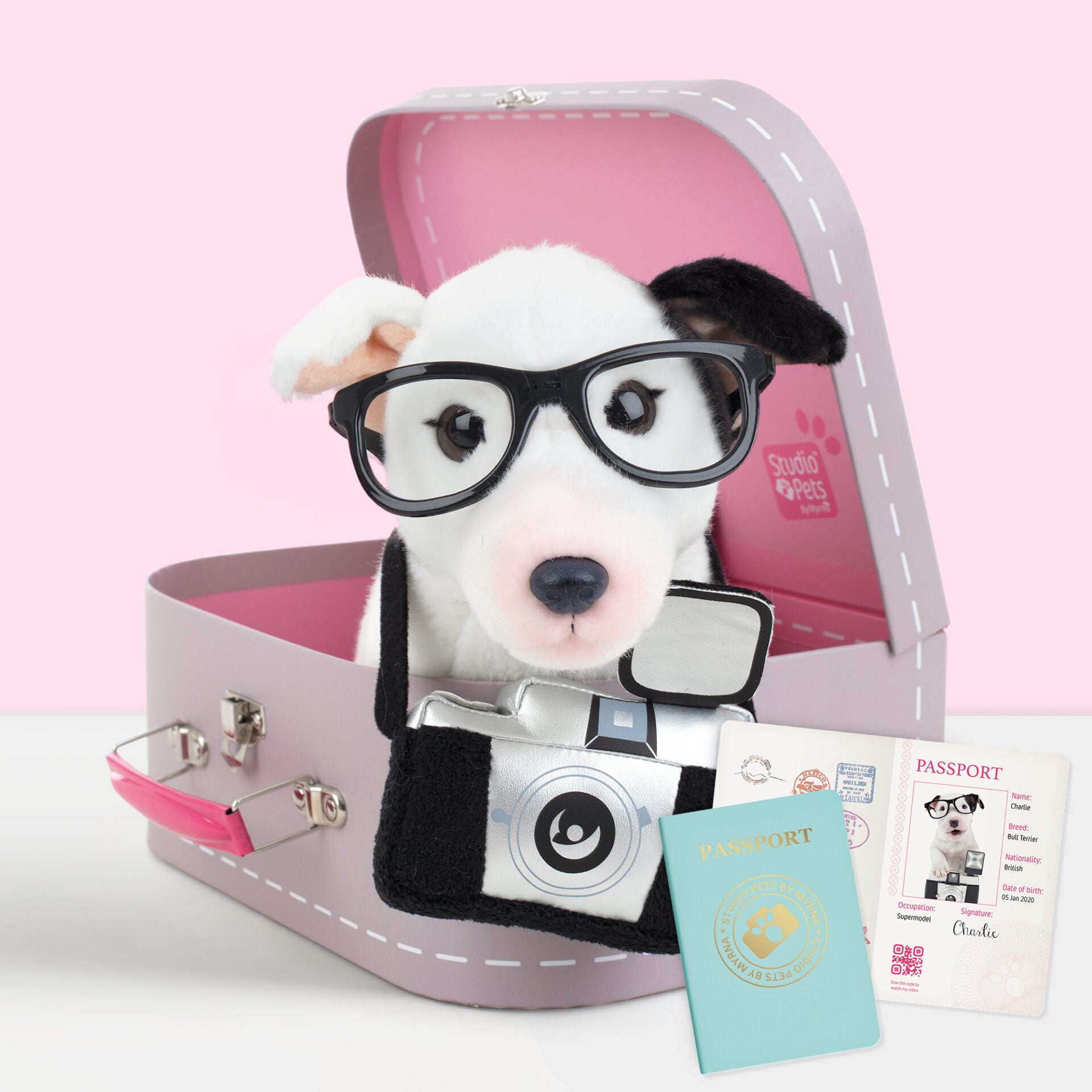 Pluche knuffelhond Bull Terriër 23 cm - Set met koffertje