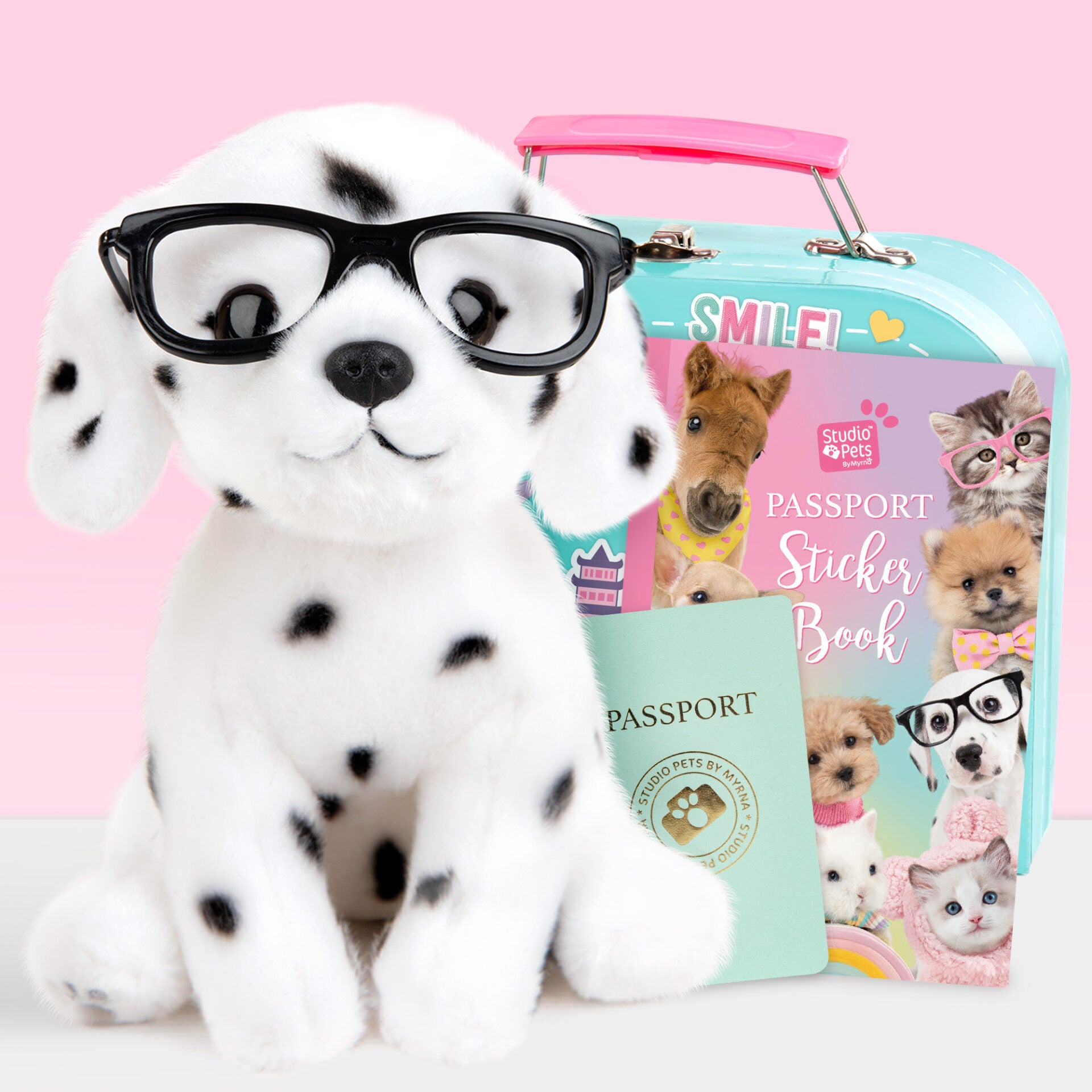 Pluche knuffelhond Witte Dalmatiër 16cm - Set met koffertje