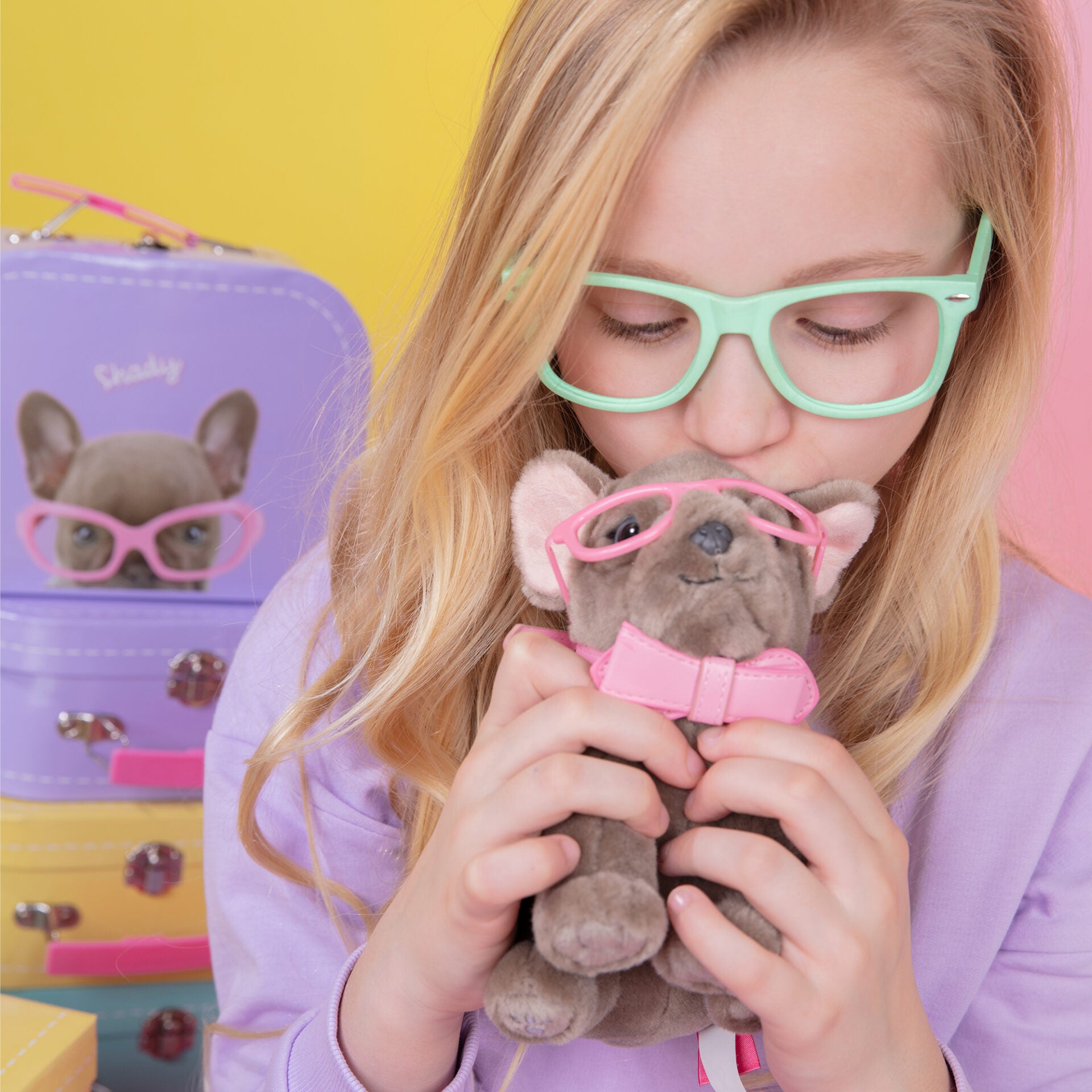 Pluche knuffelhond met Naam Franse Bulldog 16cm  - Set met koffertje