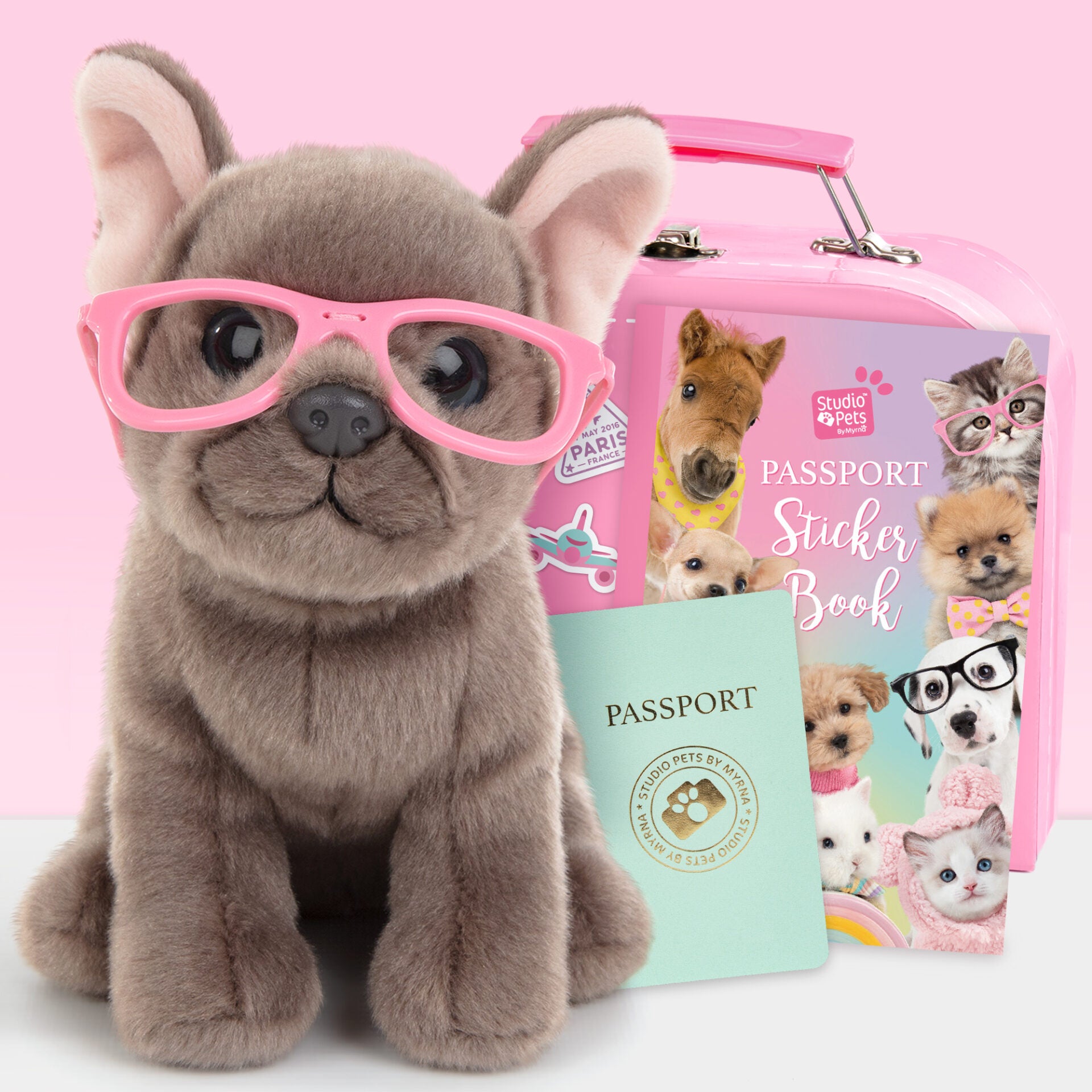 Pluche knuffelhond Franse Bulldog 16cm  - Set met koffertje