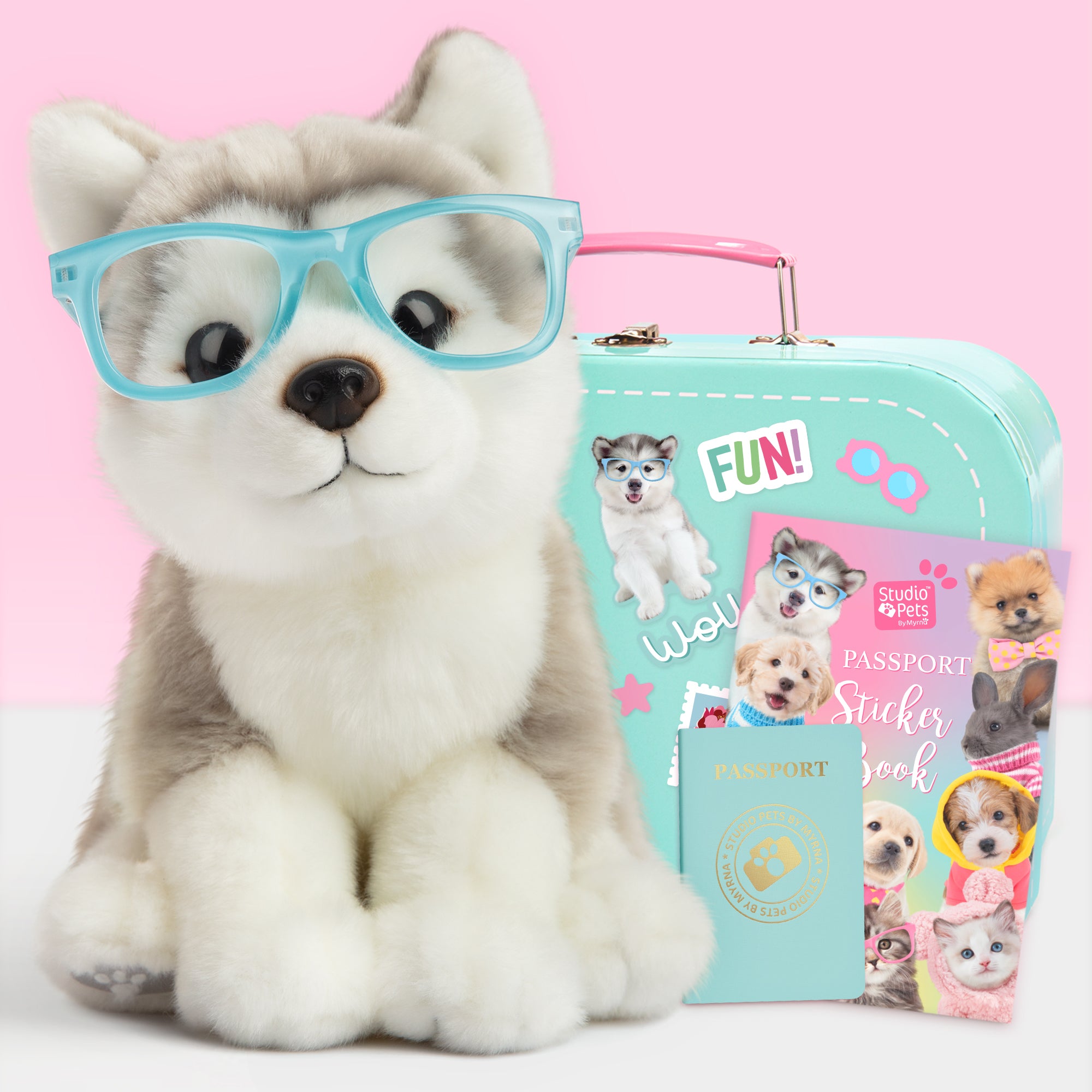 Pluche knuffelhond Alaska Malamute 23cm - Set met koffertje