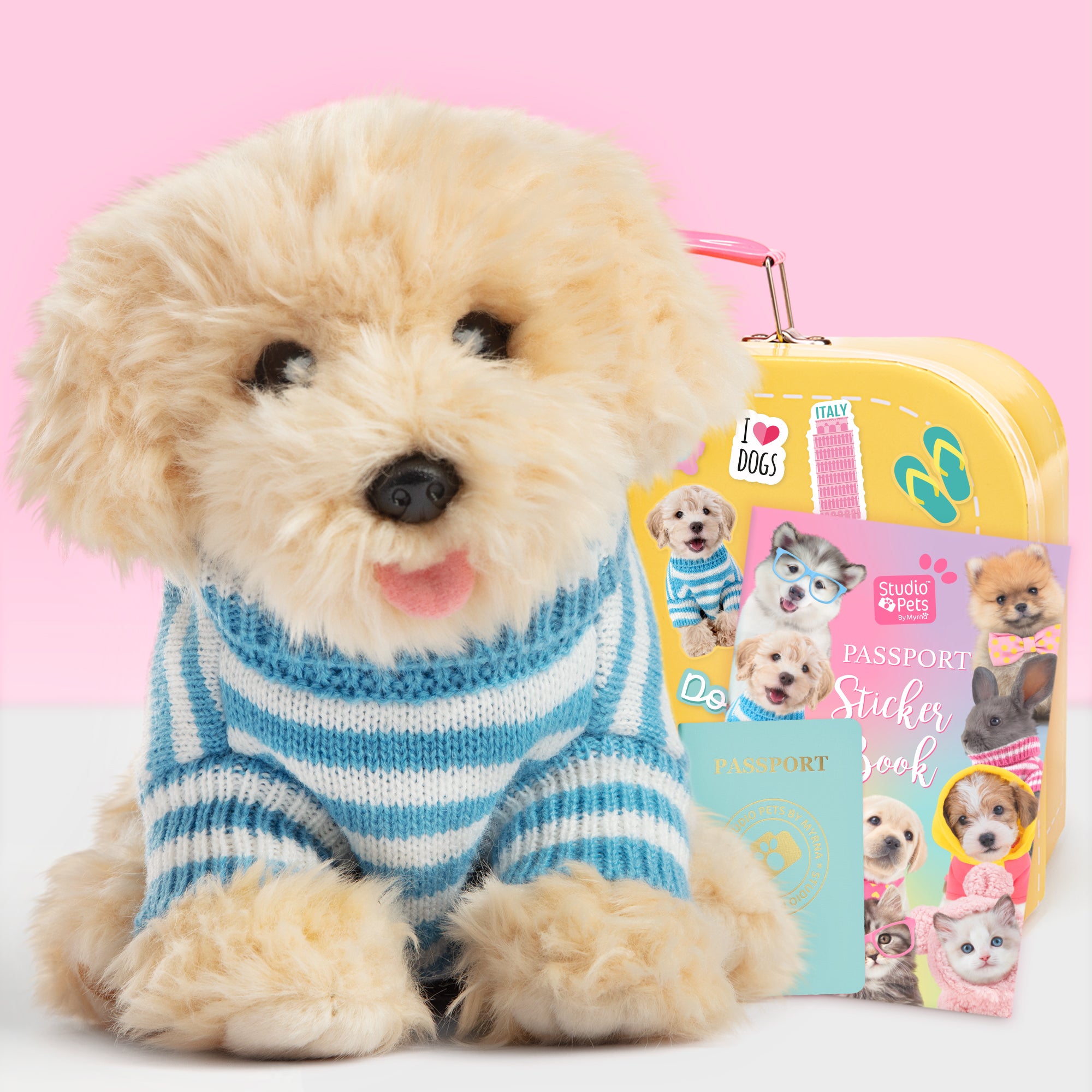 Pluche knuffelhond Labradoodle 23cm  - Set met koffertje