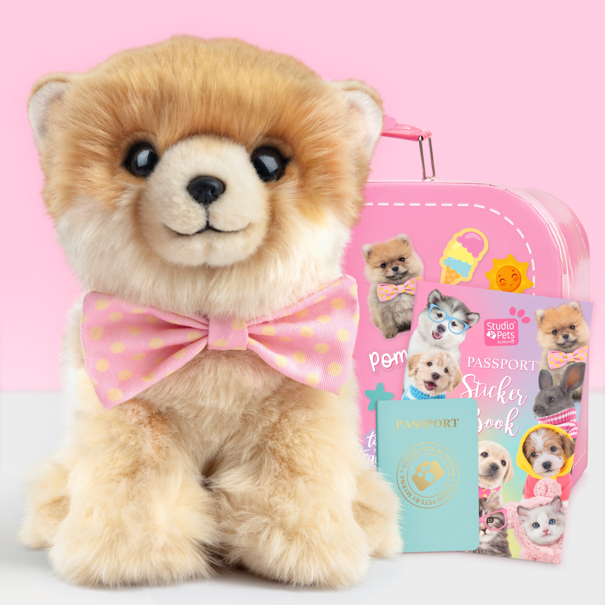 Pluche knuffelhond Pomeriaan 23cm - Set met koffertje