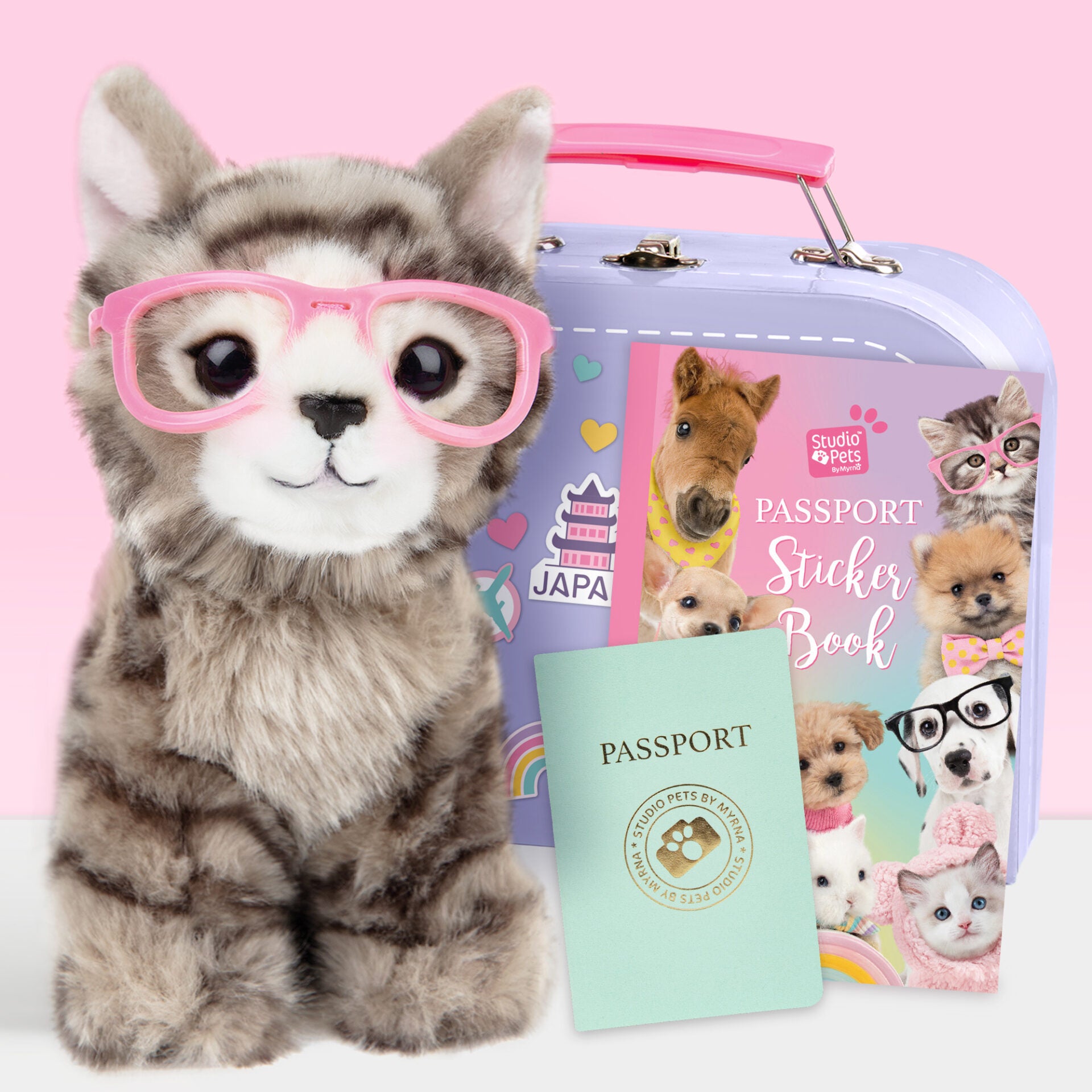 Pluche Knuffelkat Britse Korthaar 16cm - Set met koffertje