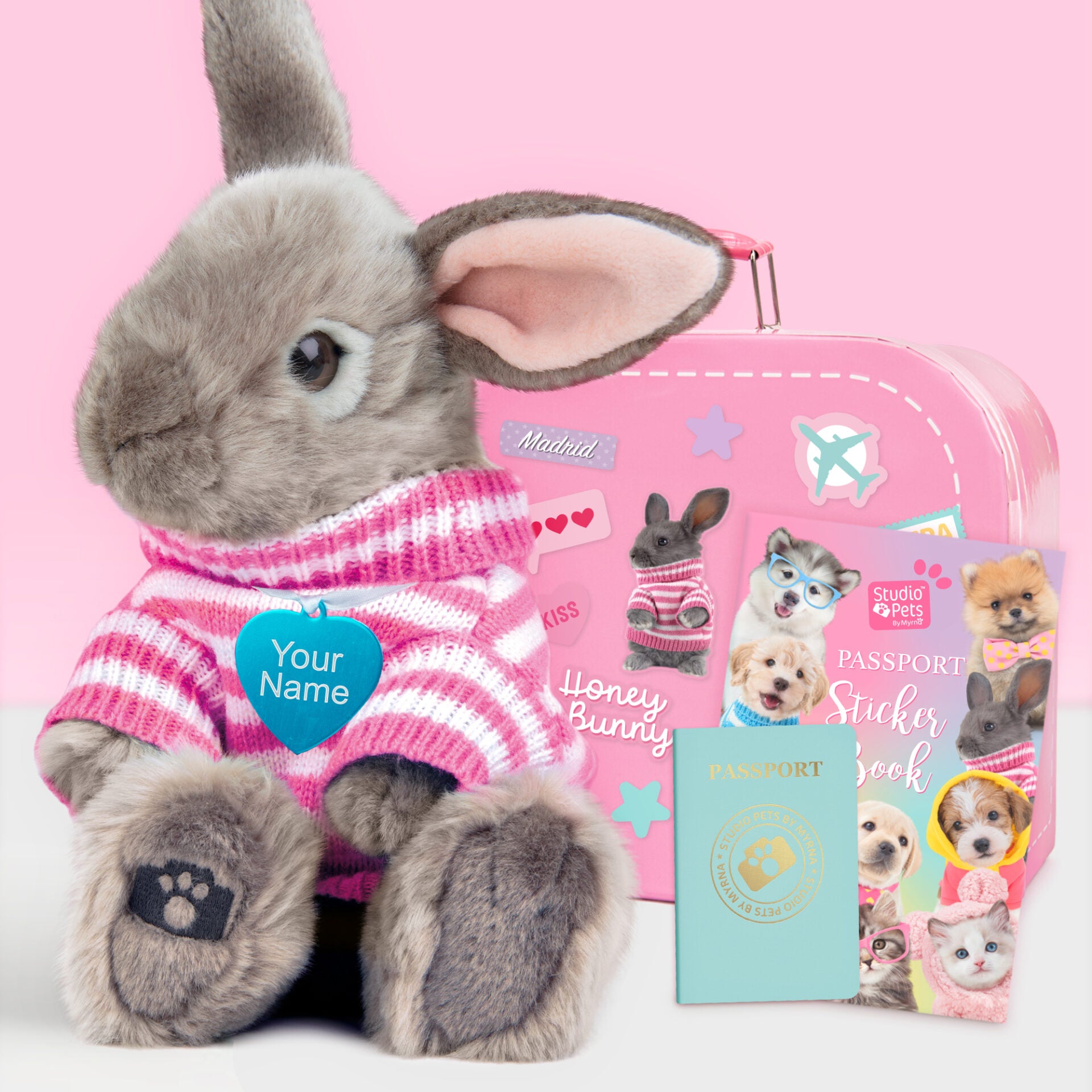 Pluche knuffelkonijn met Naam Hangoor Dwerg 23cm  - Set met koffertje