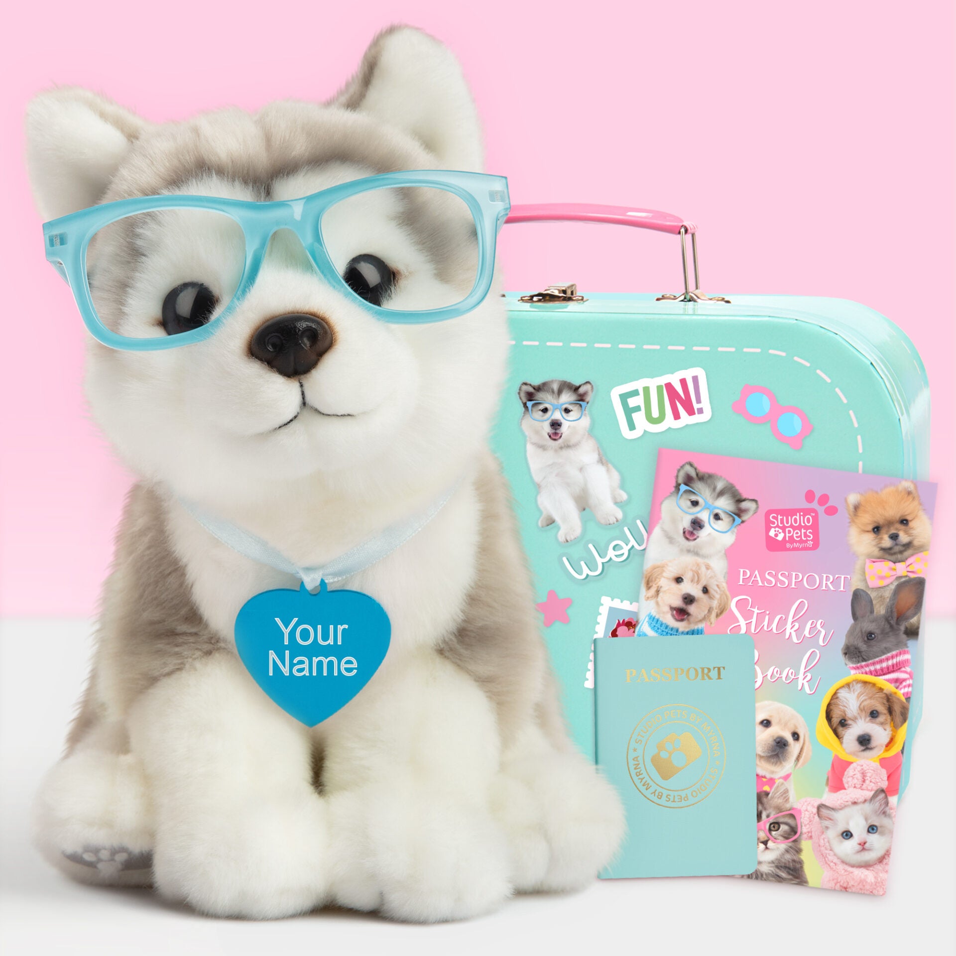 Pluche knuffelhond met Naam Alaska Malamute 23cm - Set met koffertje