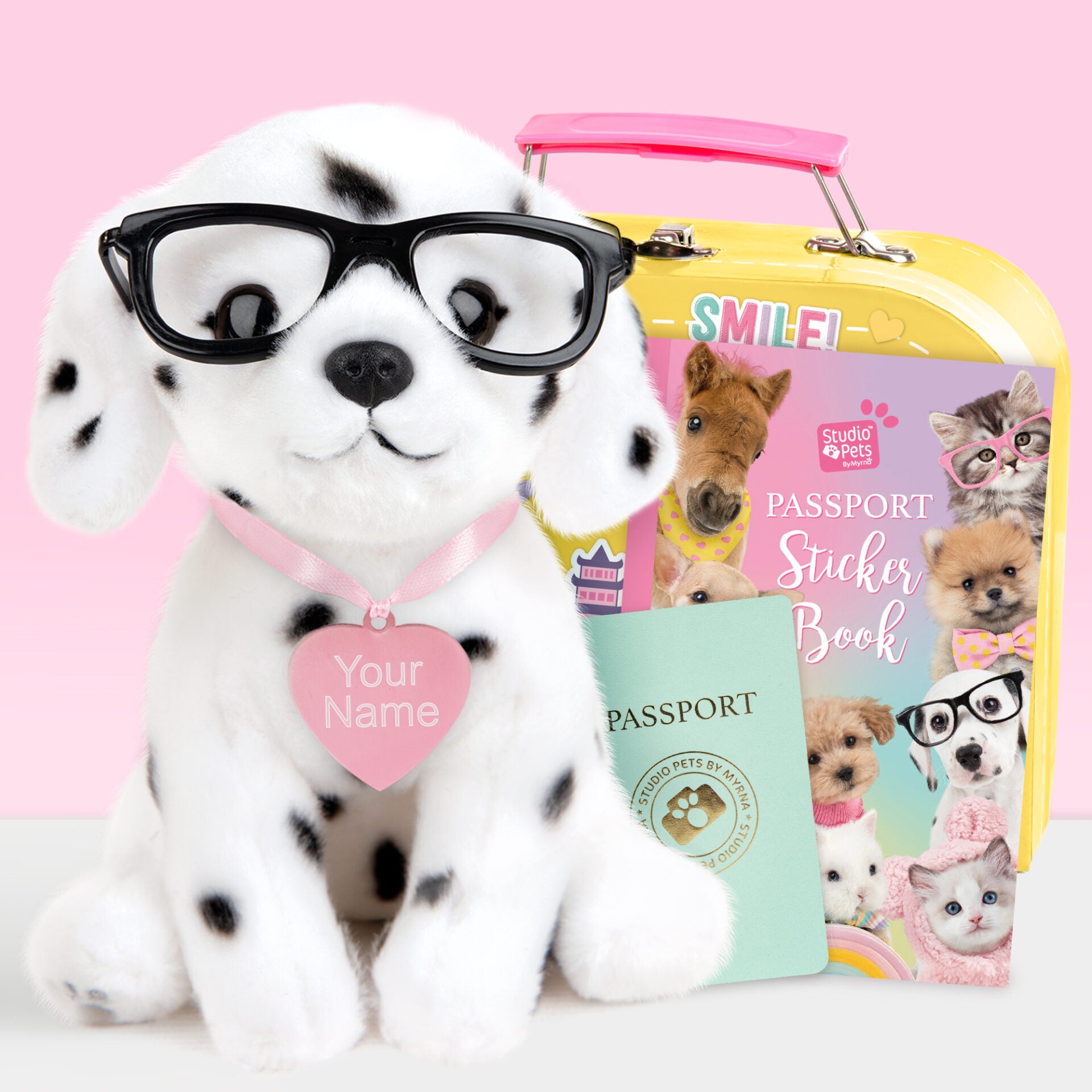 Pluche knuffelhond met Naam Witte Dalmatiër 16cm - Set met koffertje