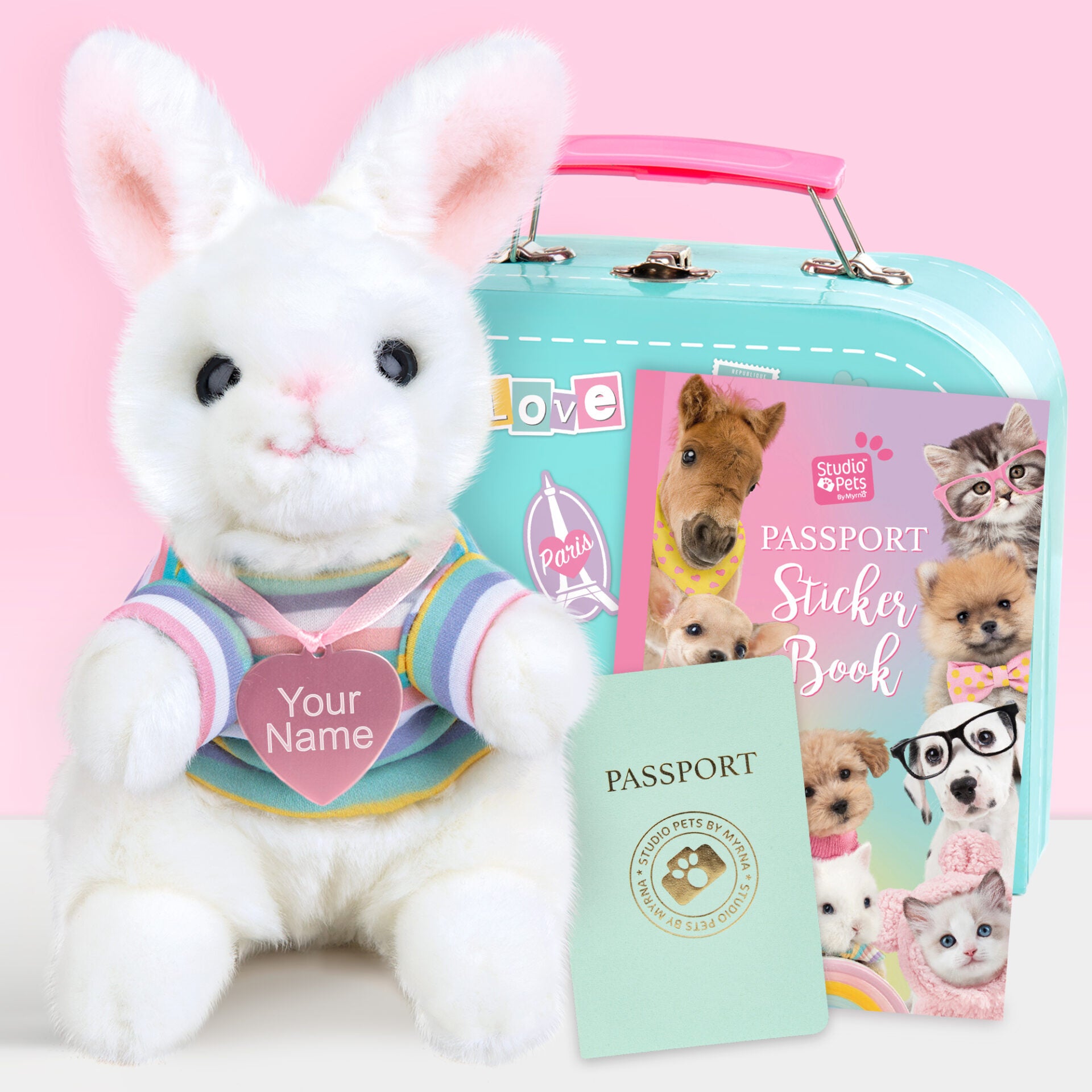 Pluche knuffelkonijn met Naam Hangoor Dwerg 16cm - Set met koffertje