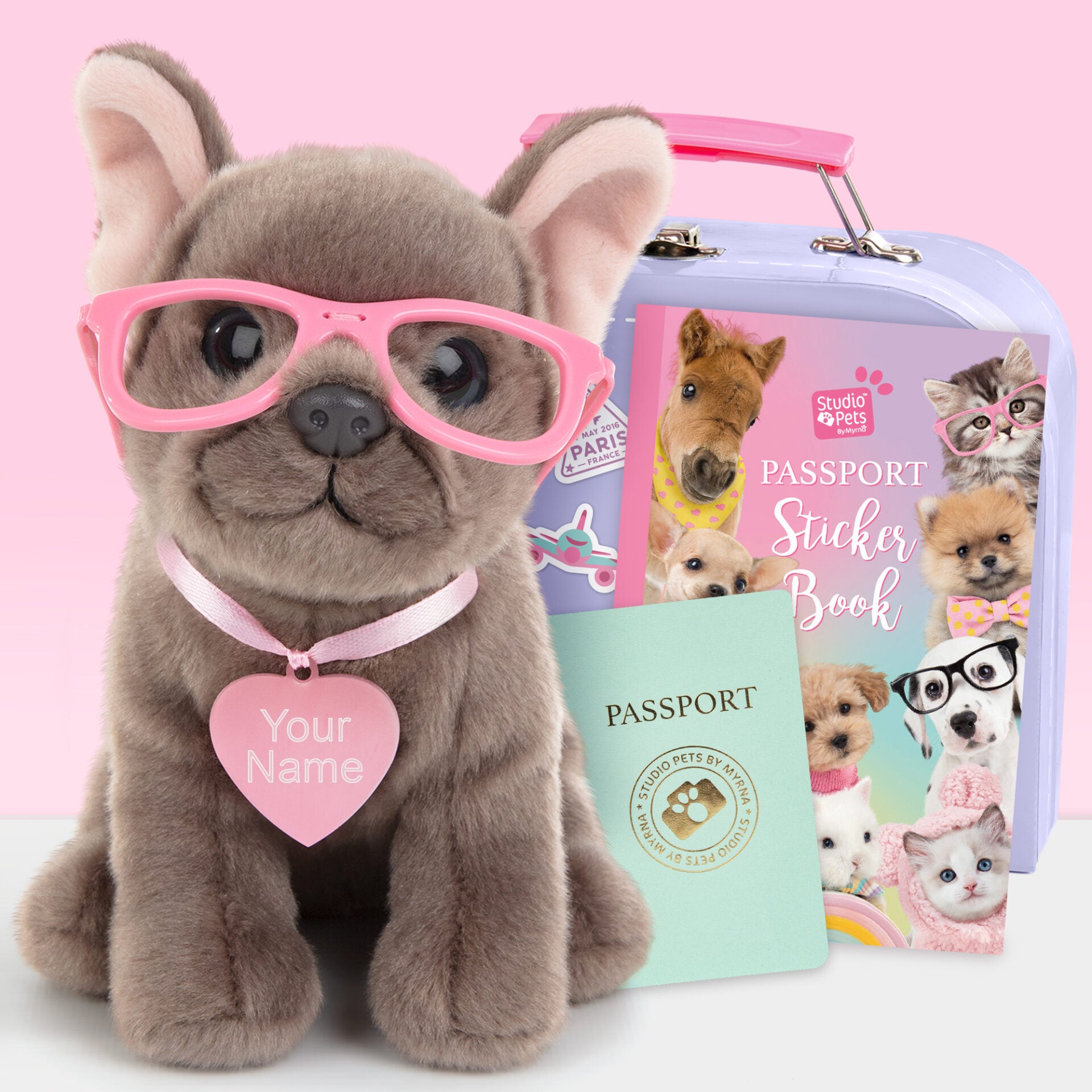 Pluche knuffelhond met Naam Franse Bulldog 16cm  - Set met koffertje