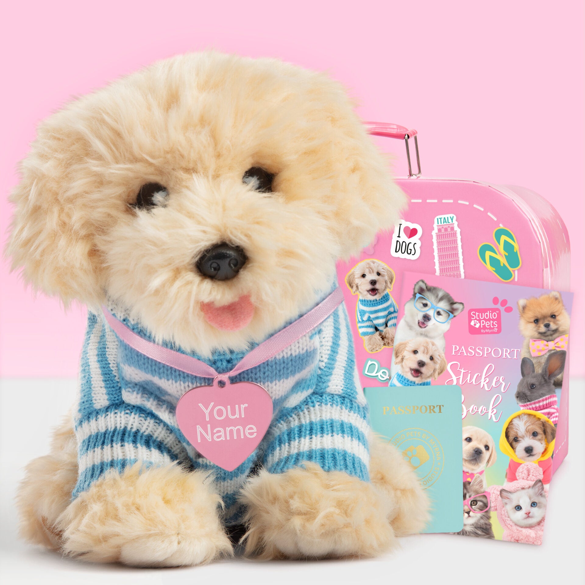 Pluche knuffelhond met Naam Labradoodle 23cm  - Set met koffertje