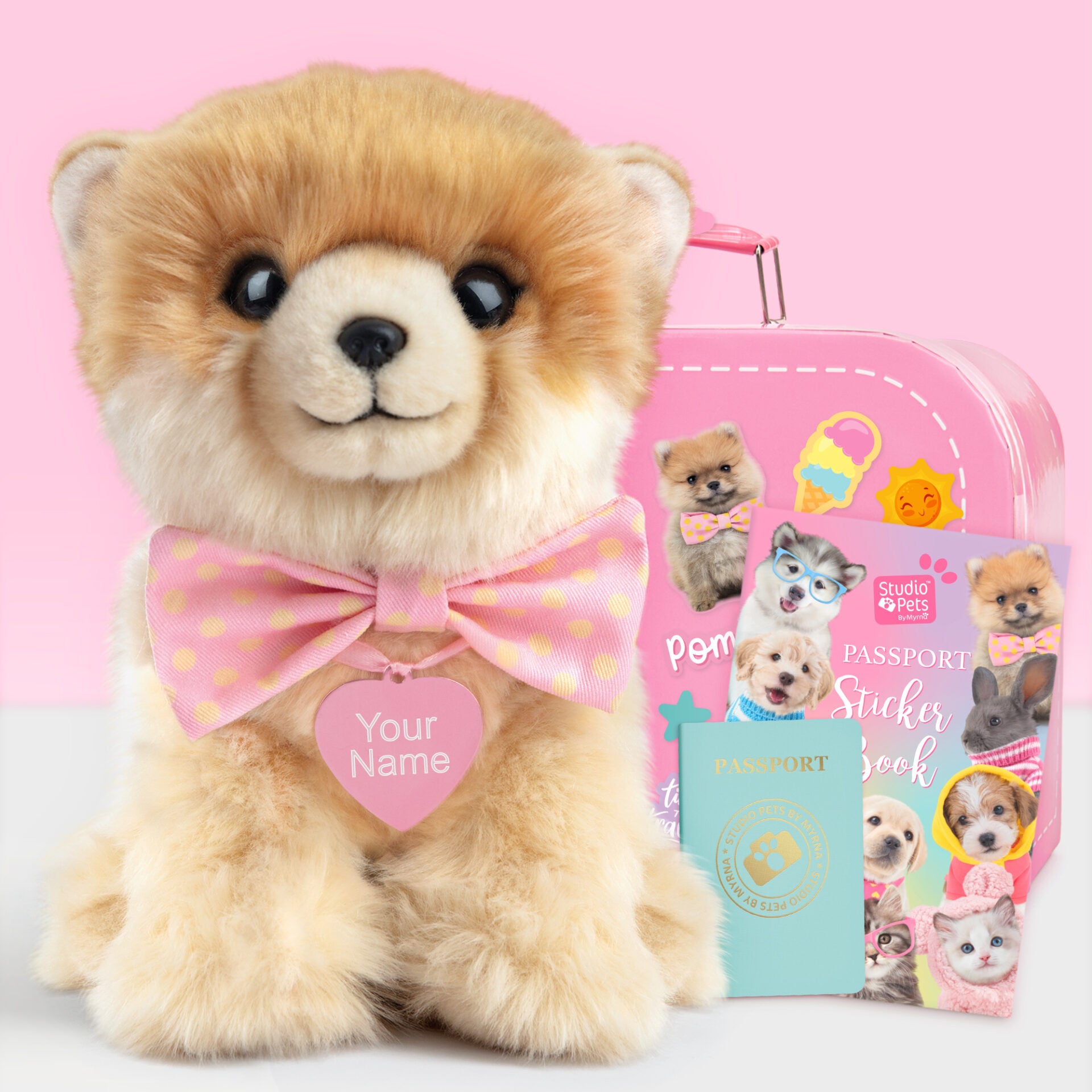 Pluche knuffelhond met Naam Pomeriaan 23cm - Set met koffertje