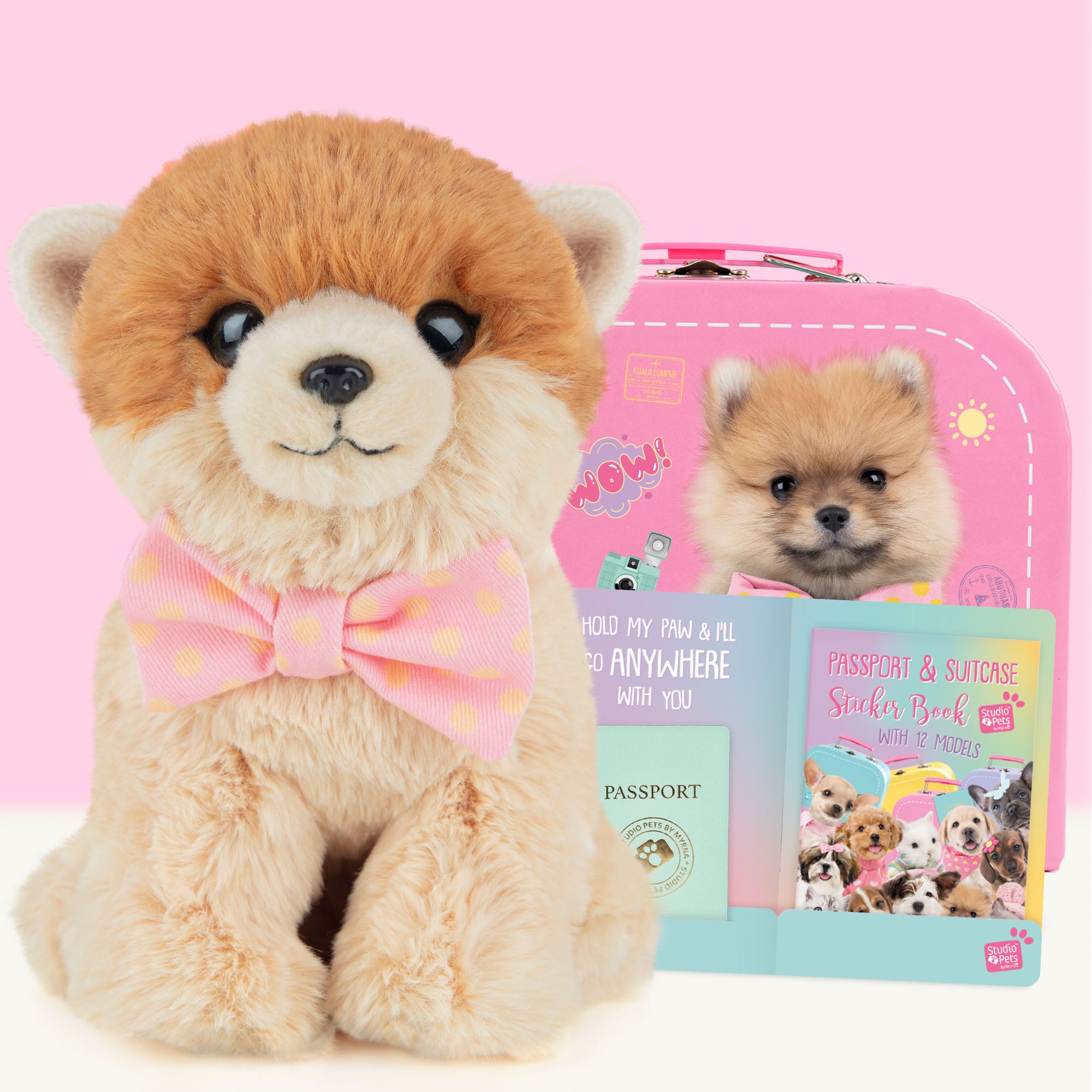 Pluche knuffelhond Pomeriaan 16cm - Set met koffertje