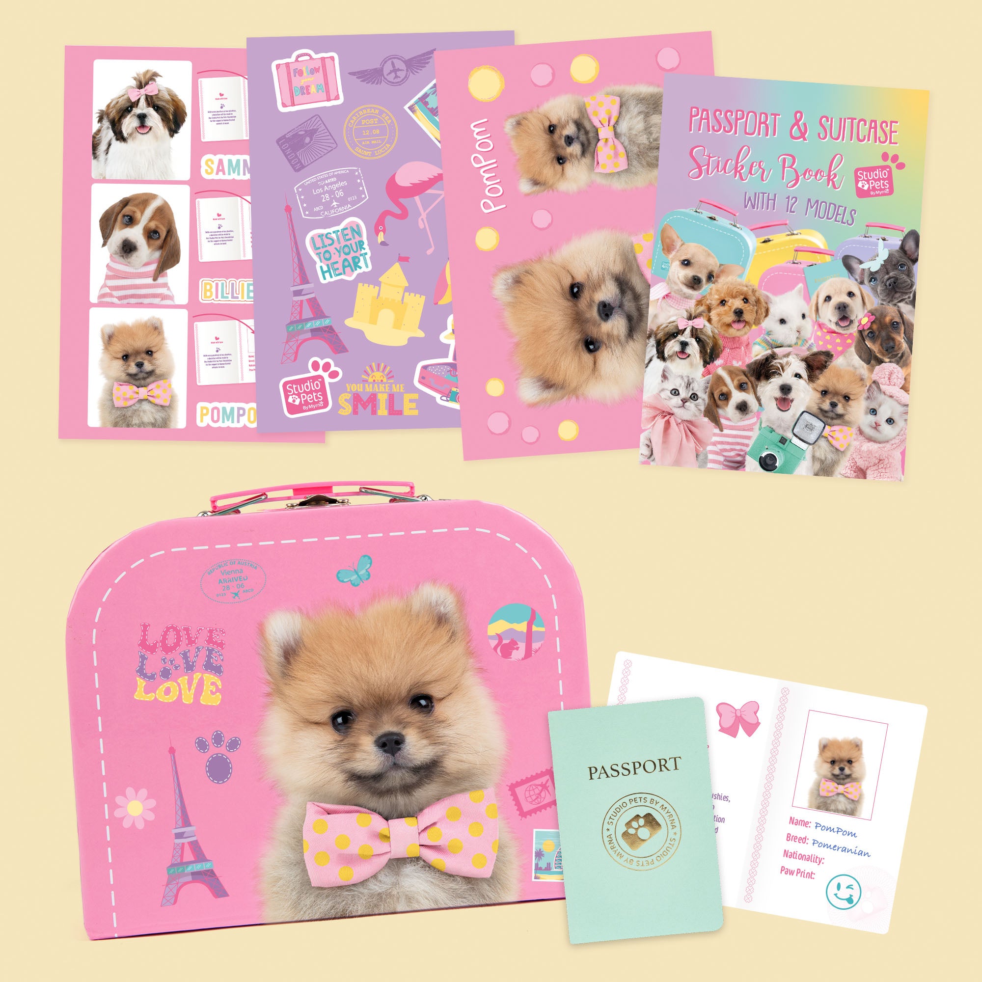 Pluche knuffelhond Pomeriaan 16cm - Set met koffertje