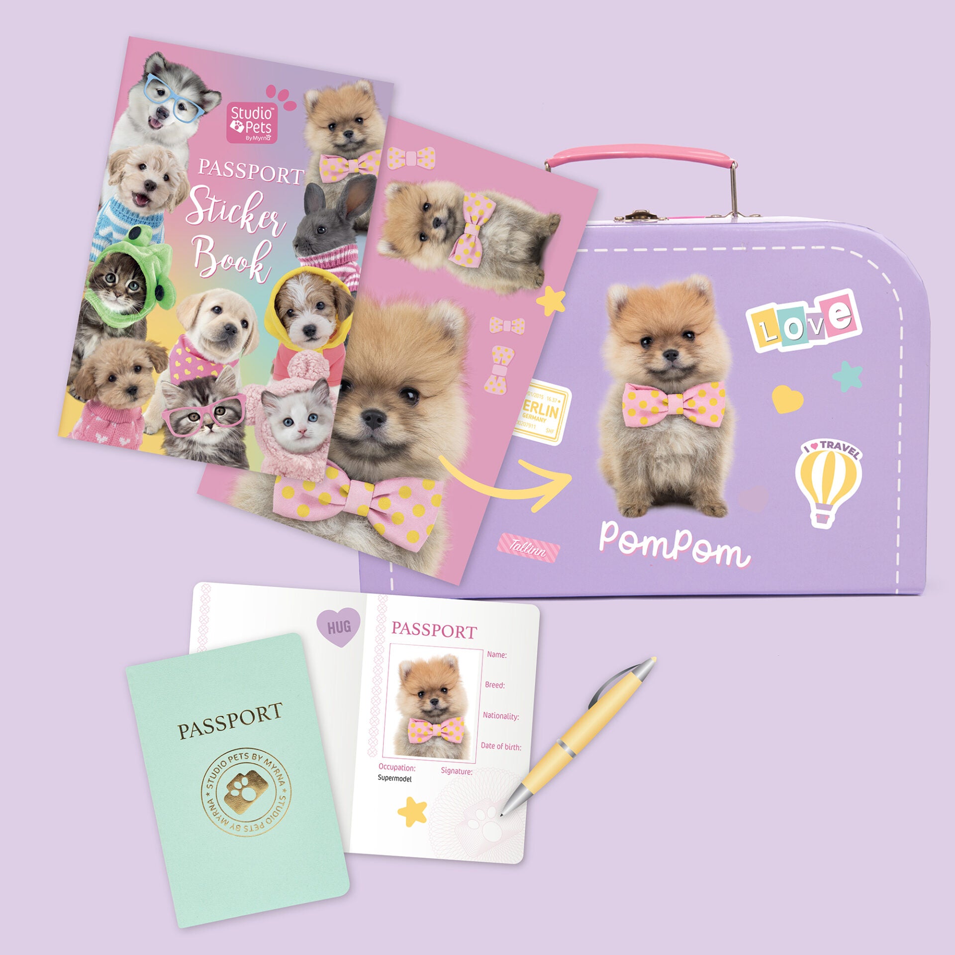 Pluche knuffelhond met Naam Pomeriaan 23cm - Set met koffertje