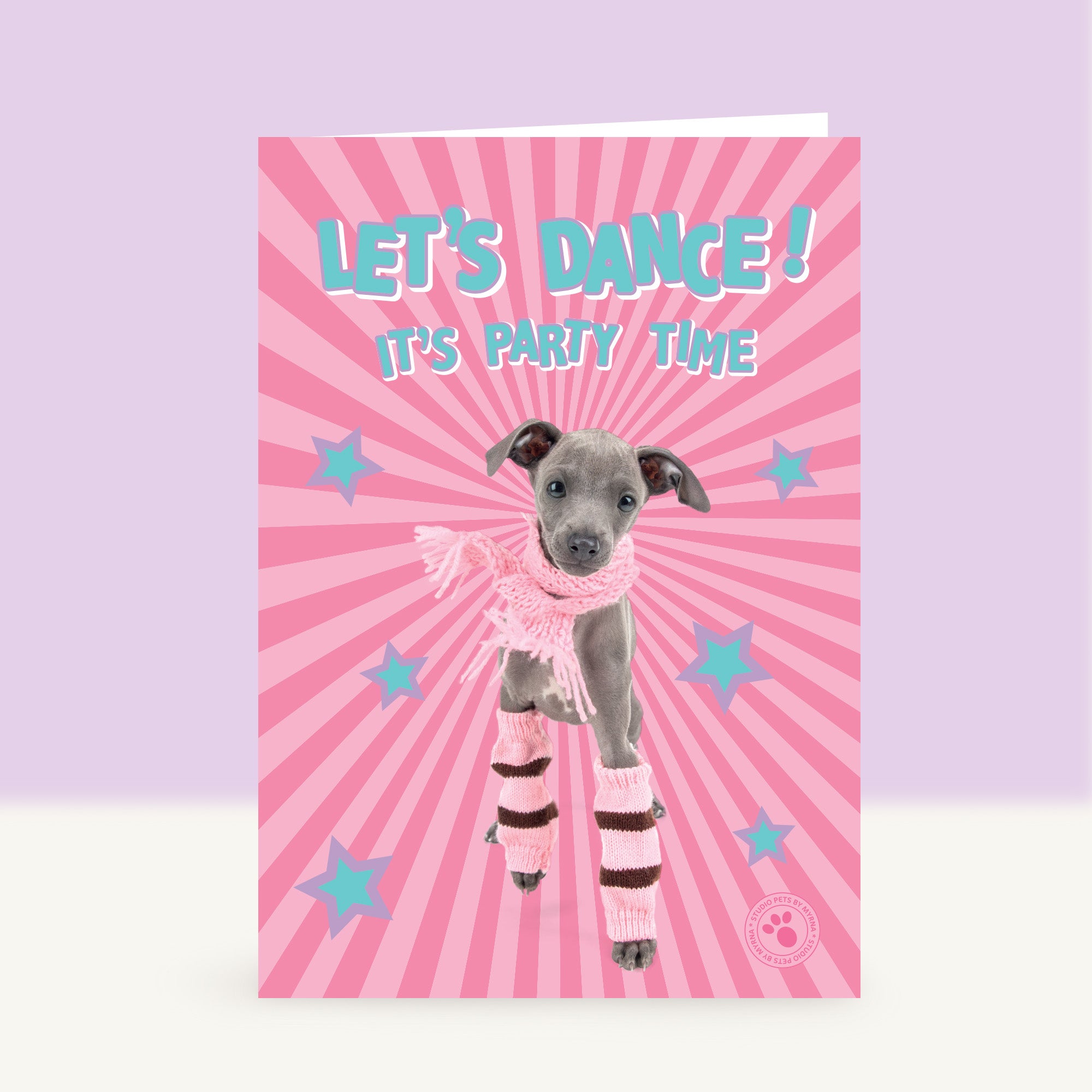 Wenskaart “Let’s Dance!” met Italiaans Windhondje puppy