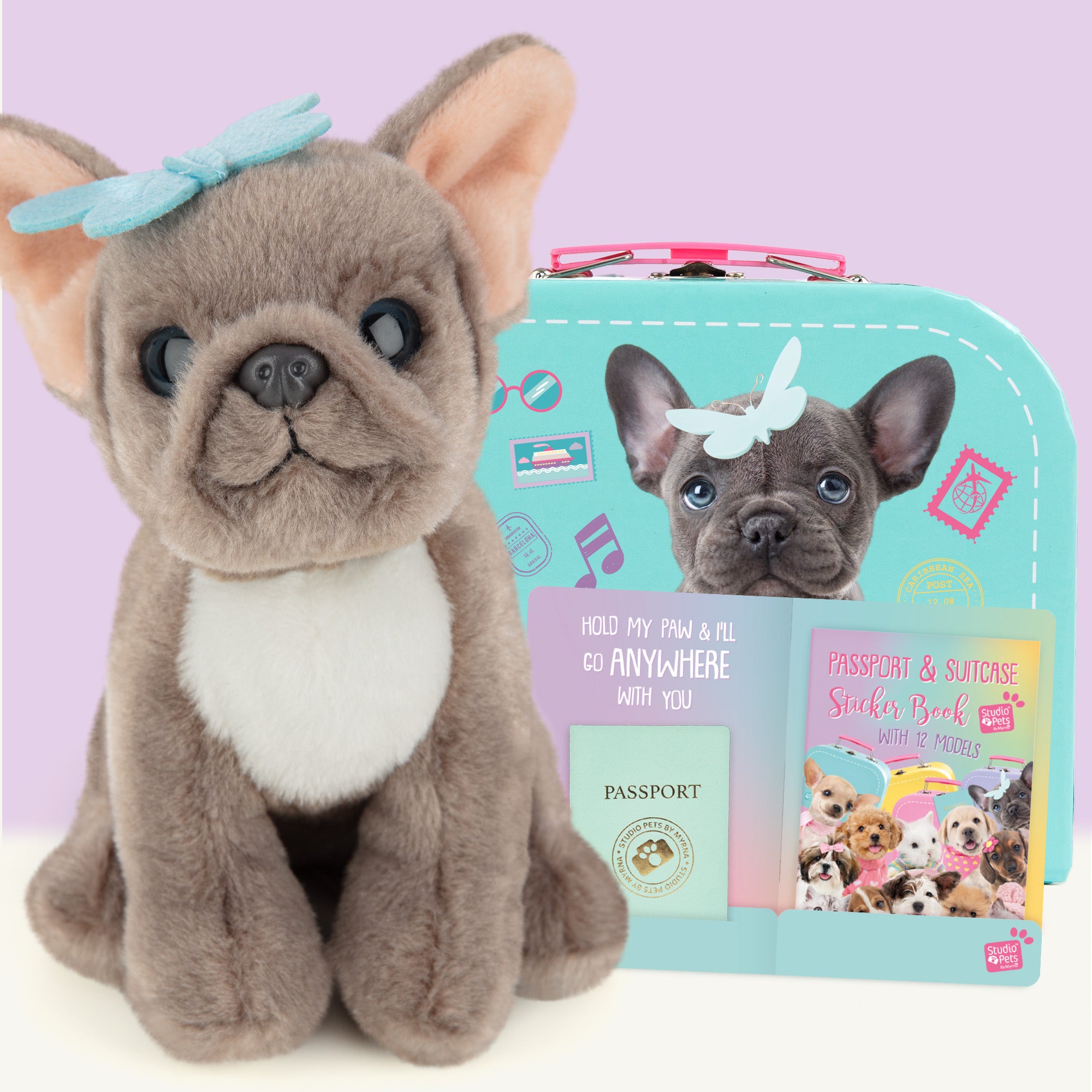 Pluche knuffelhond Franse Bulldog 16cm - Set met koffertje
