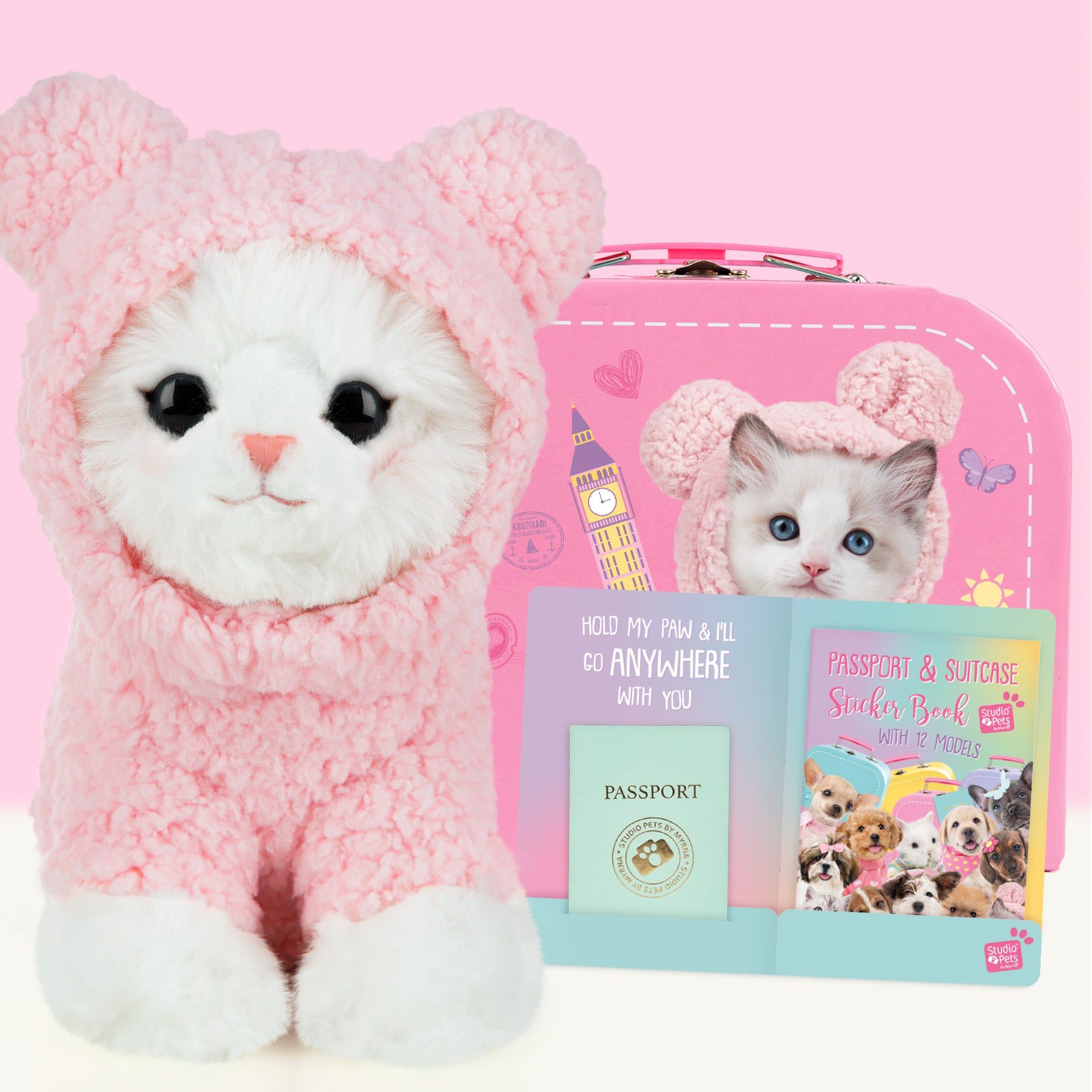 Pluche knuffelkitten Ragdoll 16cm - Set met koffertje
