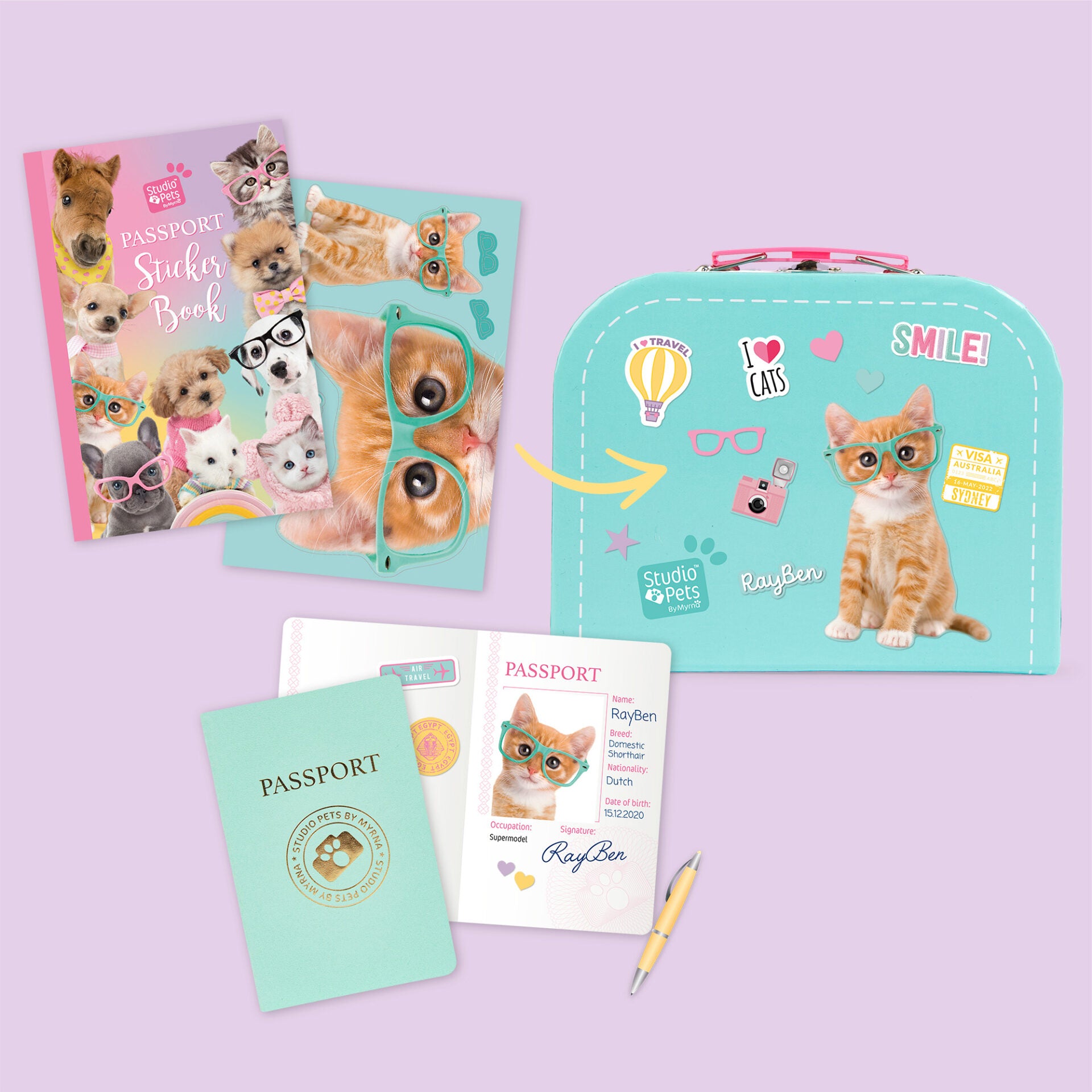 Pluche knuffelkat Rode Kater 16cm - Set met koffertje
