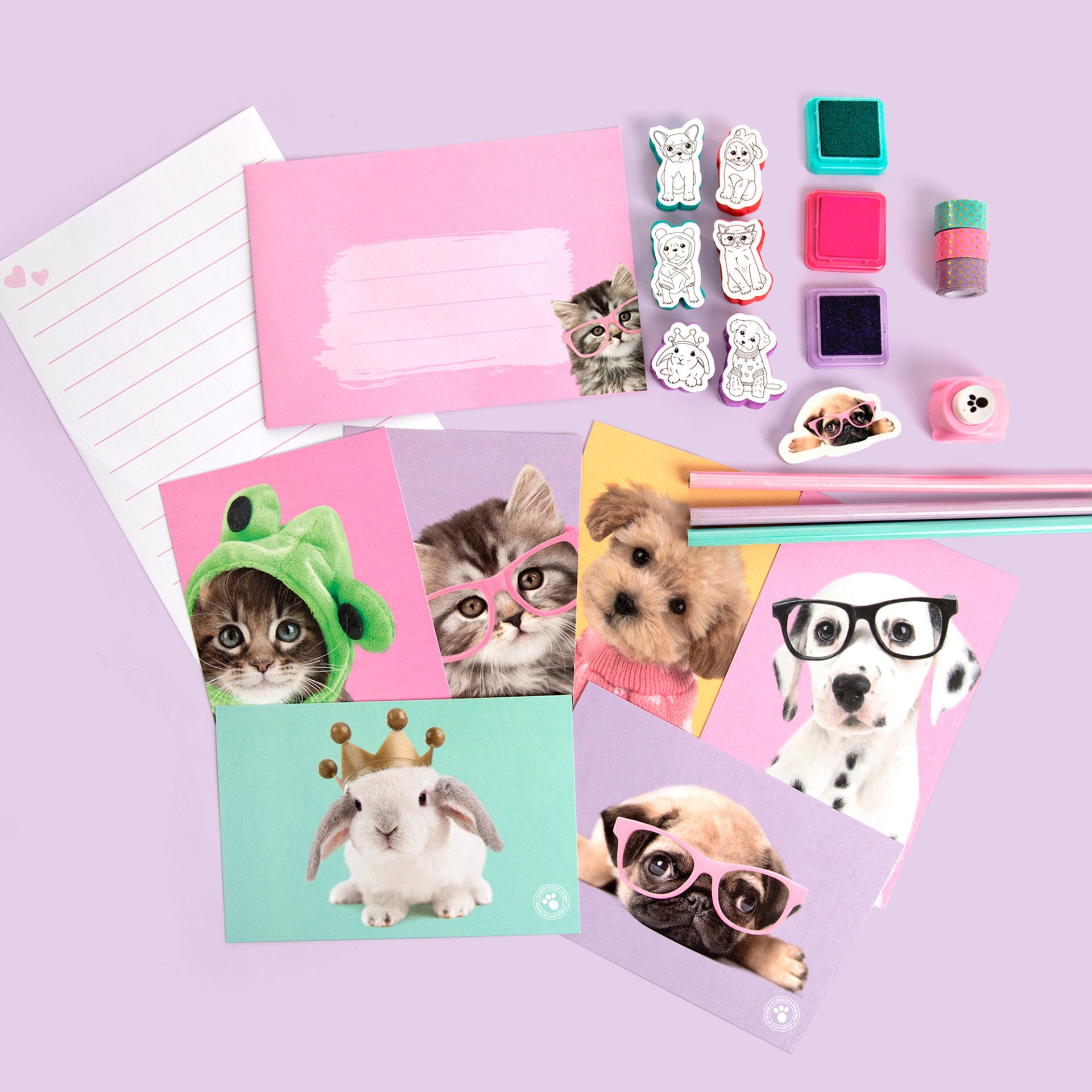 Stempelset met briefpapier en stickers - Paige & Spot
